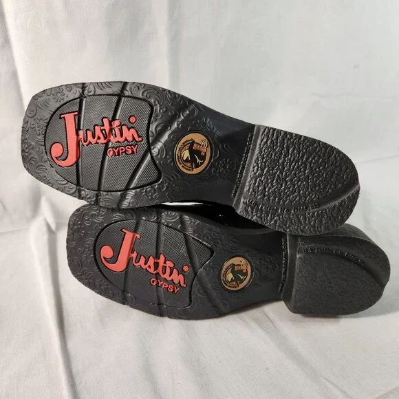 Justin Womens 10 B Black Boots Leather Western Square Gypsy Wings Cross Cowgirl - Picture 6 of 16